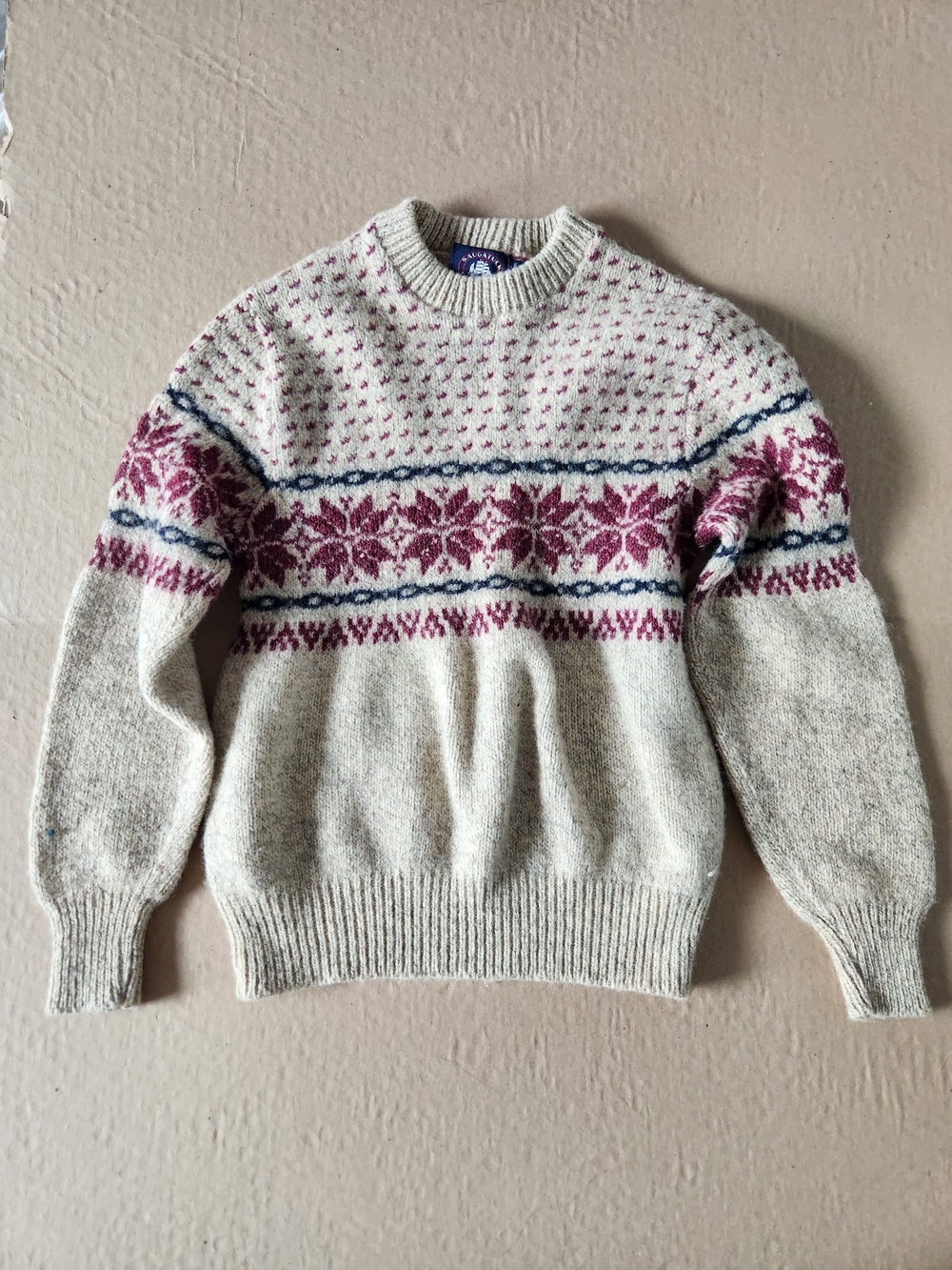 Vintage Saugatuck Crewneck Sweater - Cream with Burgundy Pattern